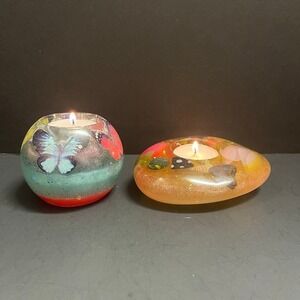 Two Handcrafted Tea Light Candle Holders Butterflies Flowers Shells